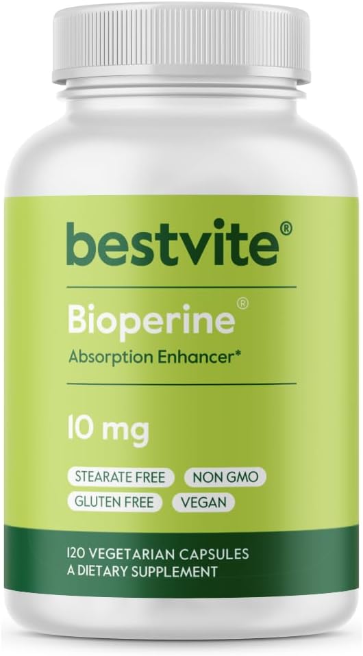 120 Vegetarian Capsules of BESTVITE Bioperine 10mg - Vegan, Non-GMO, Gluten Free, Absorption Enhancer without Stearates