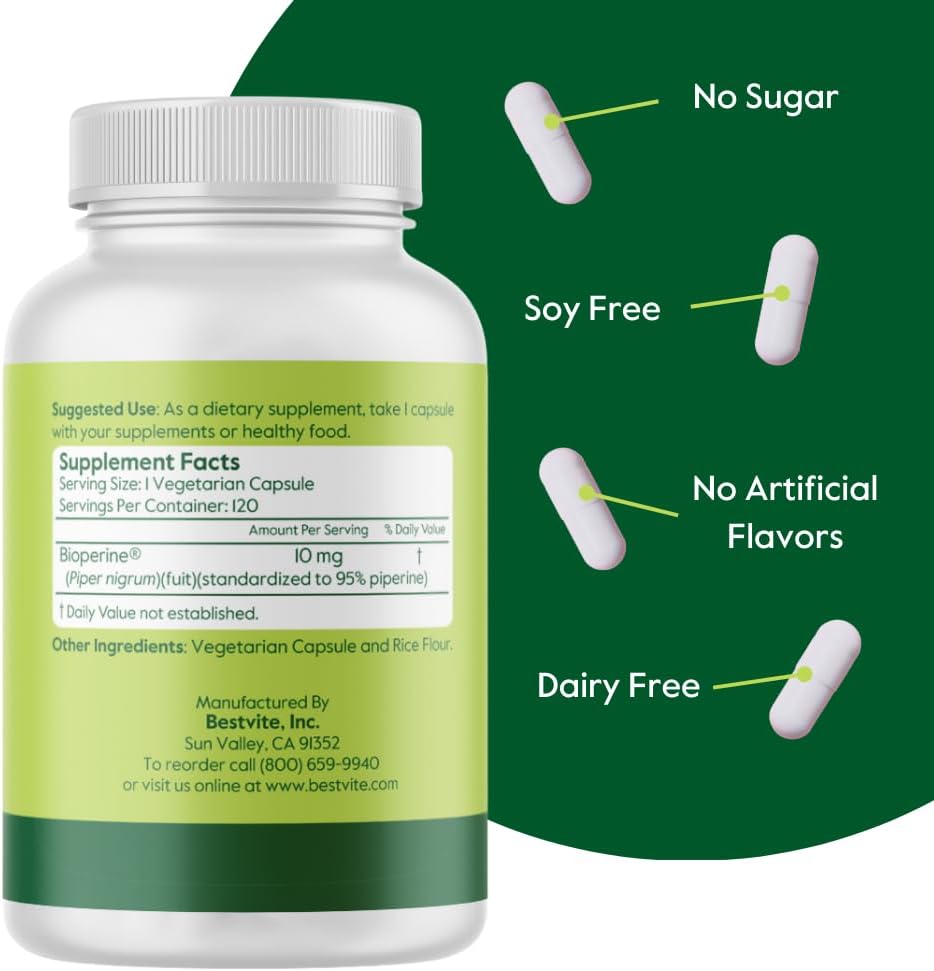 120 Vegetarian Capsules of BESTVITE Bioperine 10mg - Vegan, Non-GMO, Gluten Free, Absorption Enhancer without Stearates