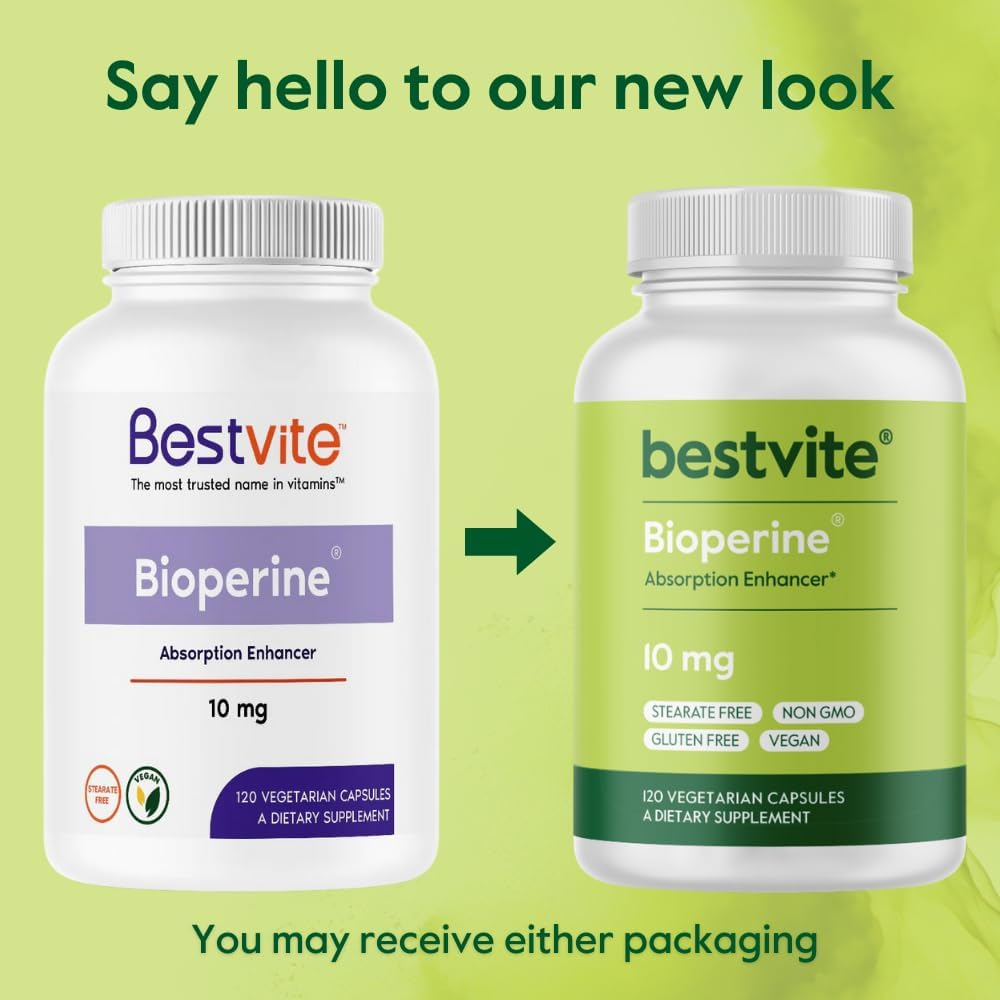 120 Vegetarian Capsules of BESTVITE Bioperine 10mg - Vegan, Non-GMO, Gluten Free, Absorption Enhancer without Stearates