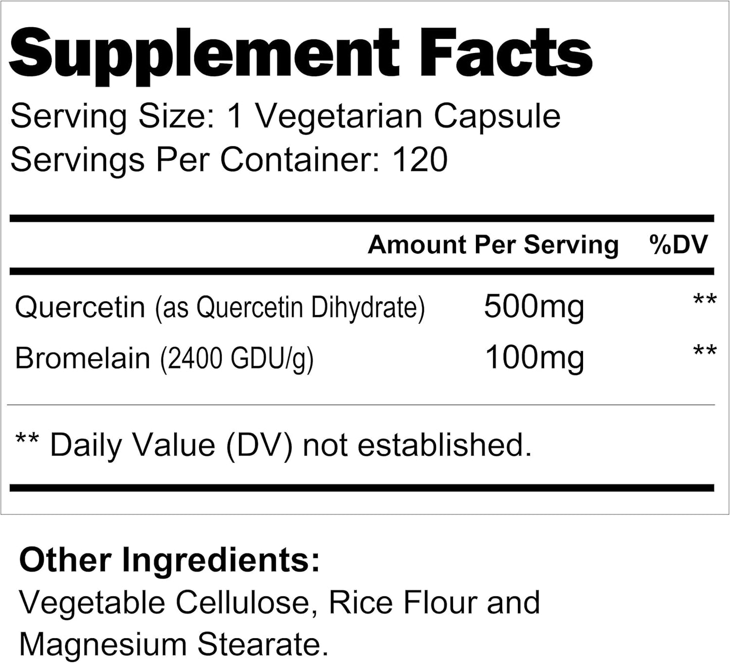 120 Vegetarian Capsules of LongLifeNutri Quercetin 500mg with Bromelain 100mg | Antioxidant Relief Complex | Dihydrate Pure Powder Extract