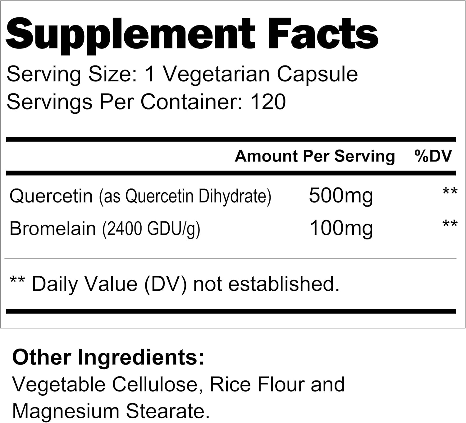 120 Vegetarian Capsules of LongLifeNutri Quercetin 500mg with Bromelain 100mg | Antioxidant Relief Complex | Dihydrate Pure Powder Extract