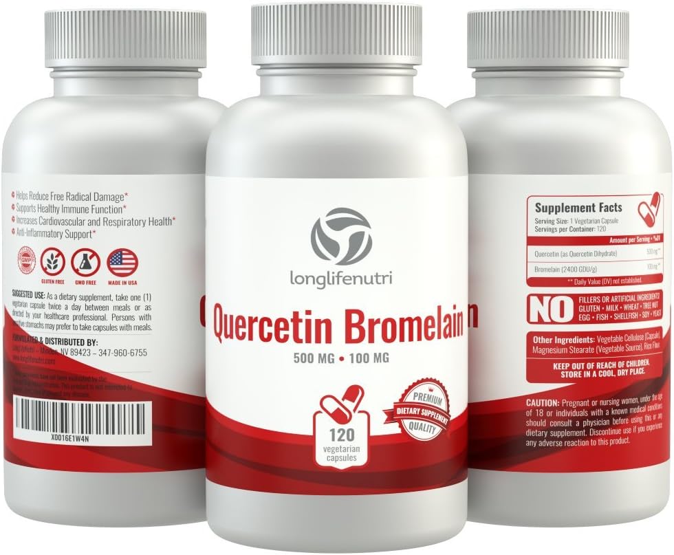 120 Vegetarian Capsules of LongLifeNutri Quercetin 500mg with Bromelain 100mg | Antioxidant Relief Complex | Dihydrate Pure Powder Extract