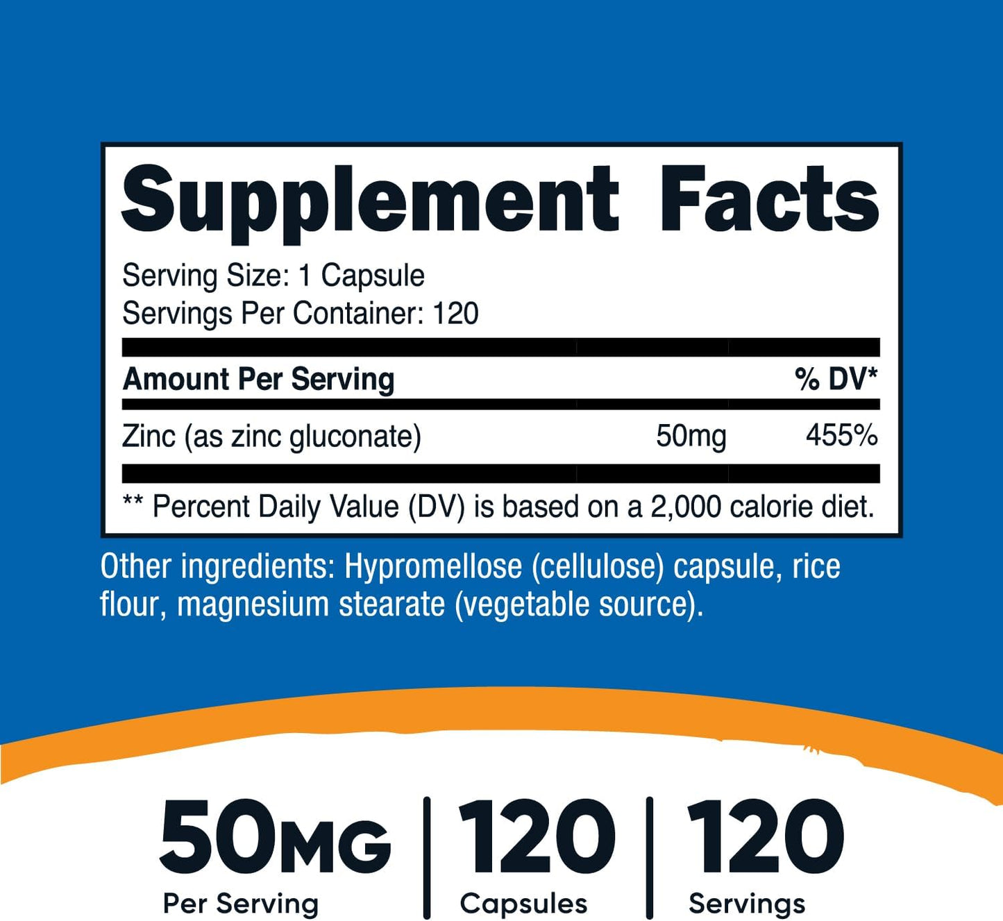 120 Vegetarian Capsules of Nutricost Zinc Gluconate (50mg) - Gluten Free and Non-GMO Supplement