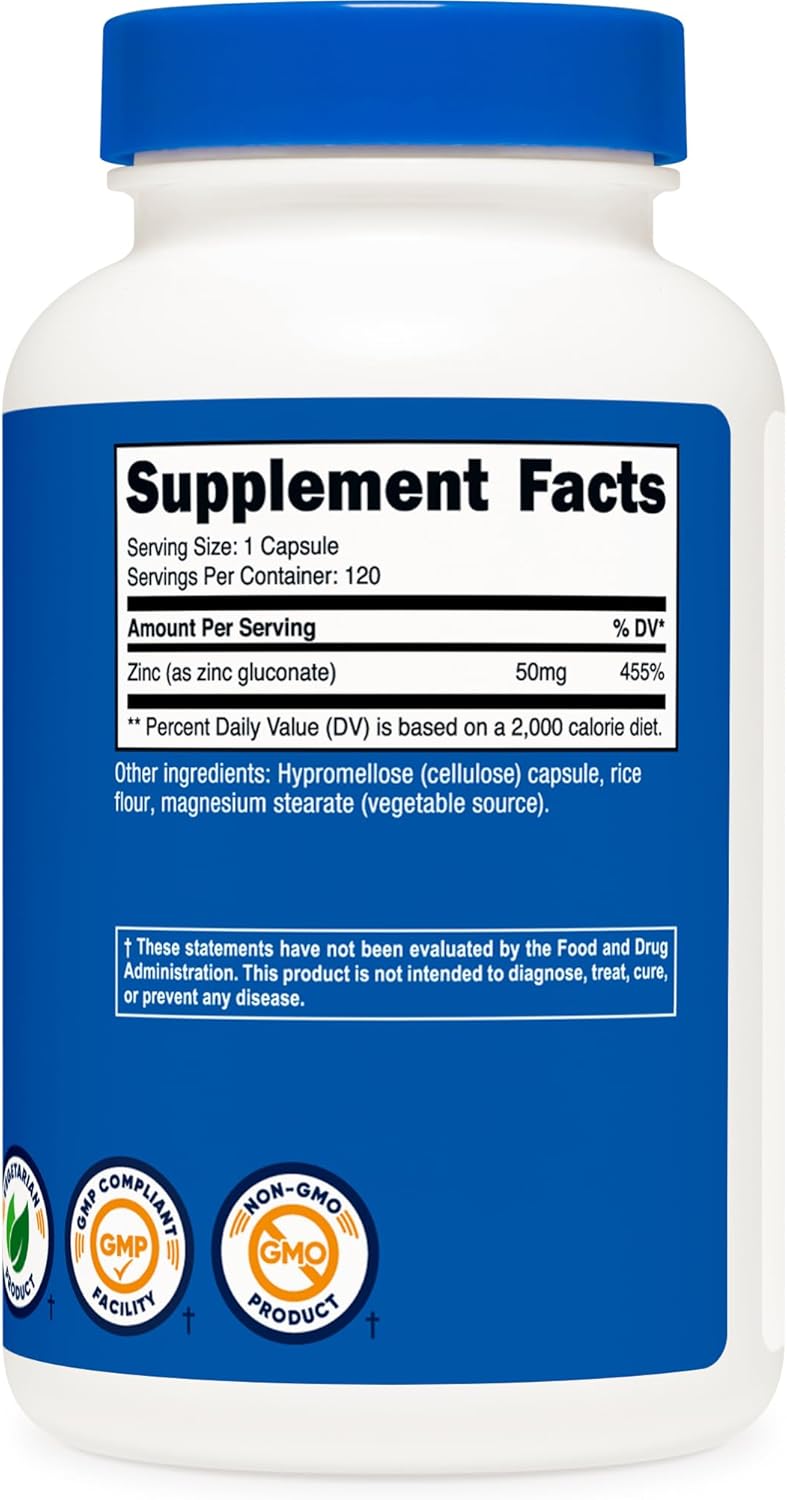 120 Vegetarian Capsules of Nutricost Zinc Gluconate (50mg) - Gluten Free and Non-GMO Supplement