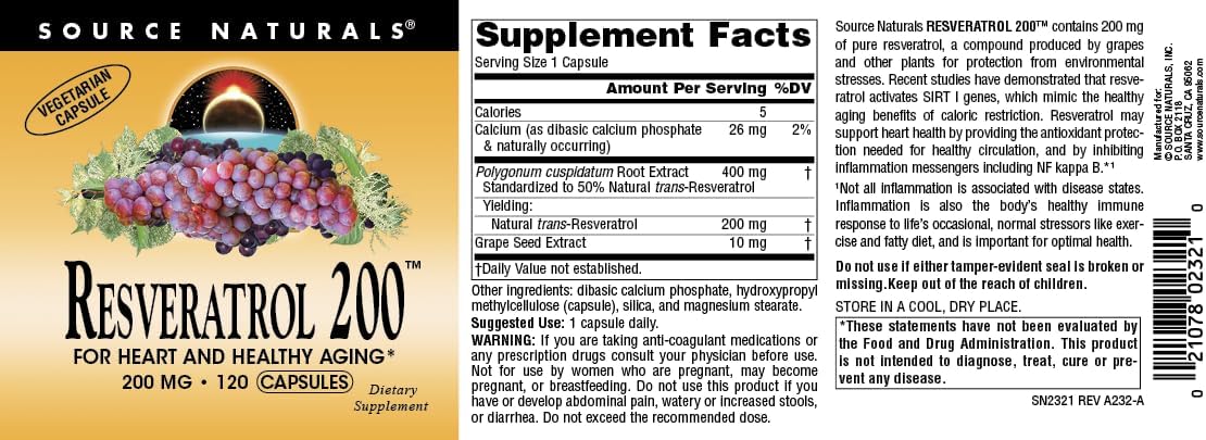 120 Vegetarian Capsules of Source Naturals Resveratrol 200 mg for Heart Health and Longevity
