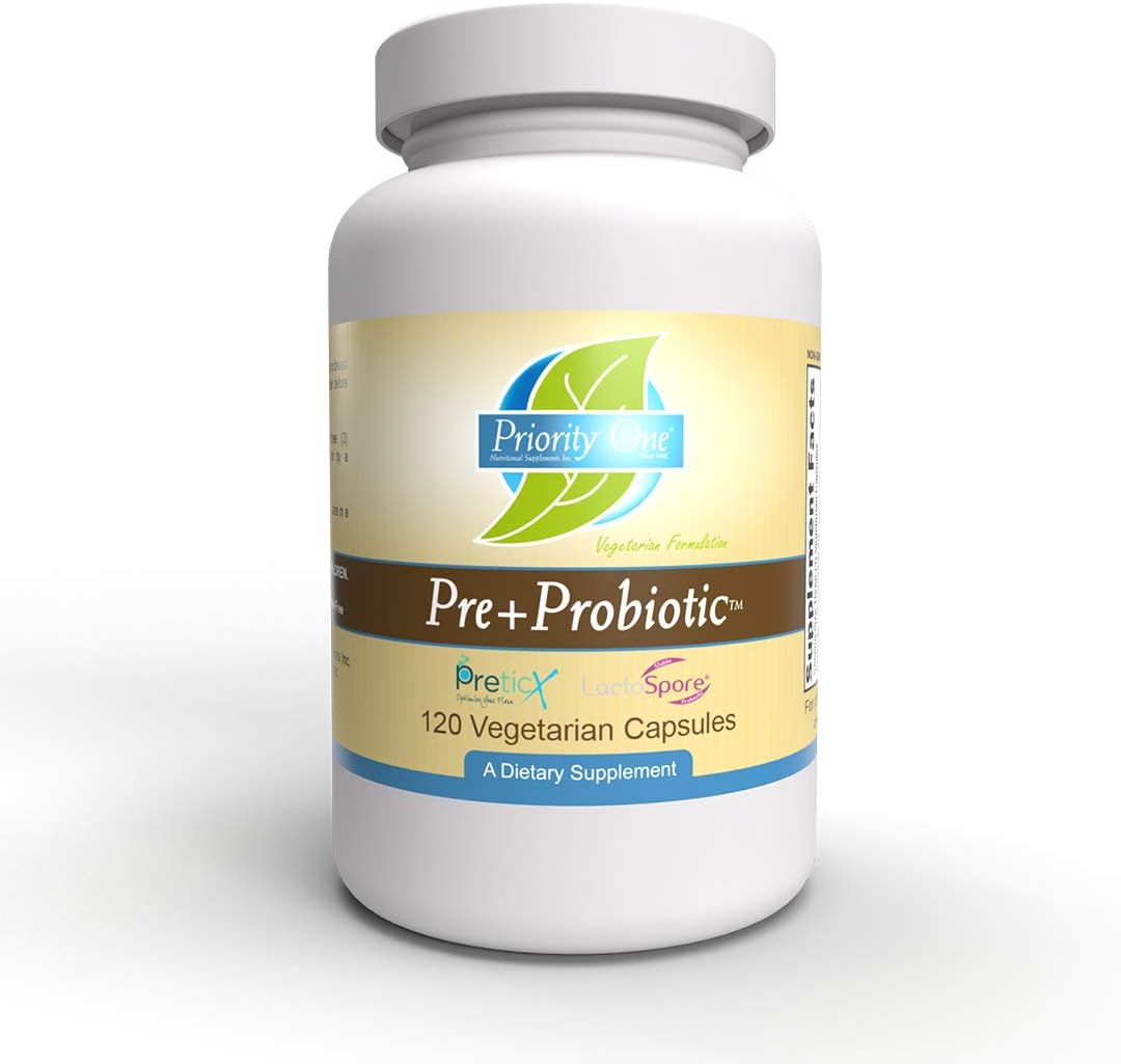 120 Vegetarian Capsules Priority One Pre+Probiotic - Clinical Strength for Healthy Gut Microflora Support