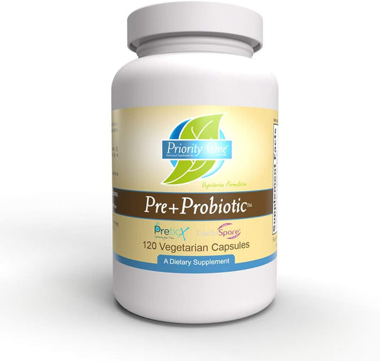 120 Vegetarian Capsules Priority One Pre+Probiotic - Clinical Strength for Healthy Gut Microflora Support