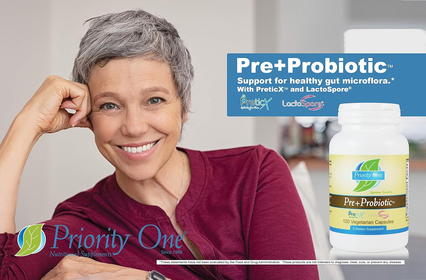 120 Vegetarian Capsules Priority One Pre+Probiotic - Clinical Strength for Healthy Gut Microflora Support
