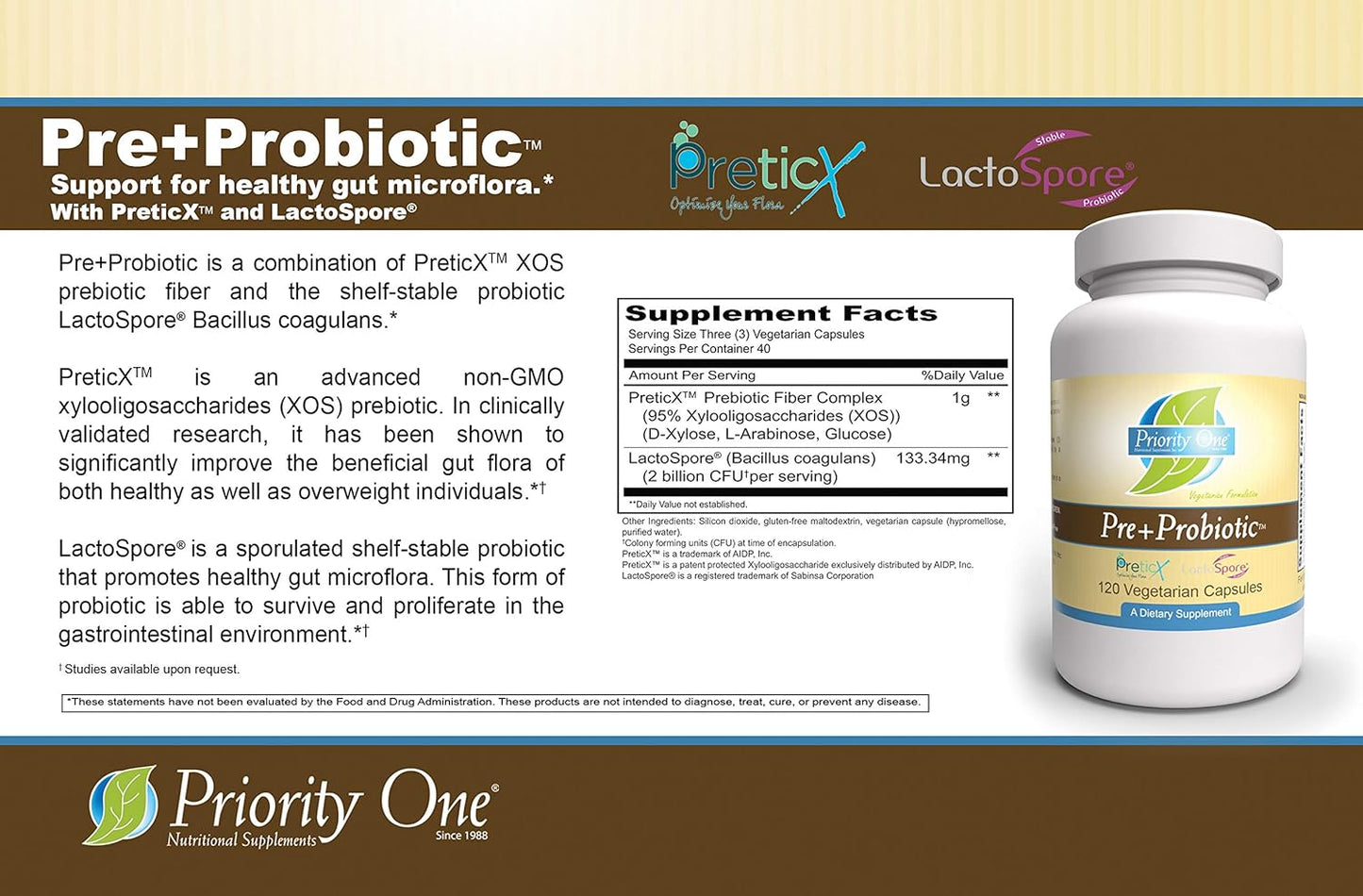 120 Vegetarian Capsules Priority One Pre+Probiotic - Clinical Strength for Healthy Gut Microflora Support