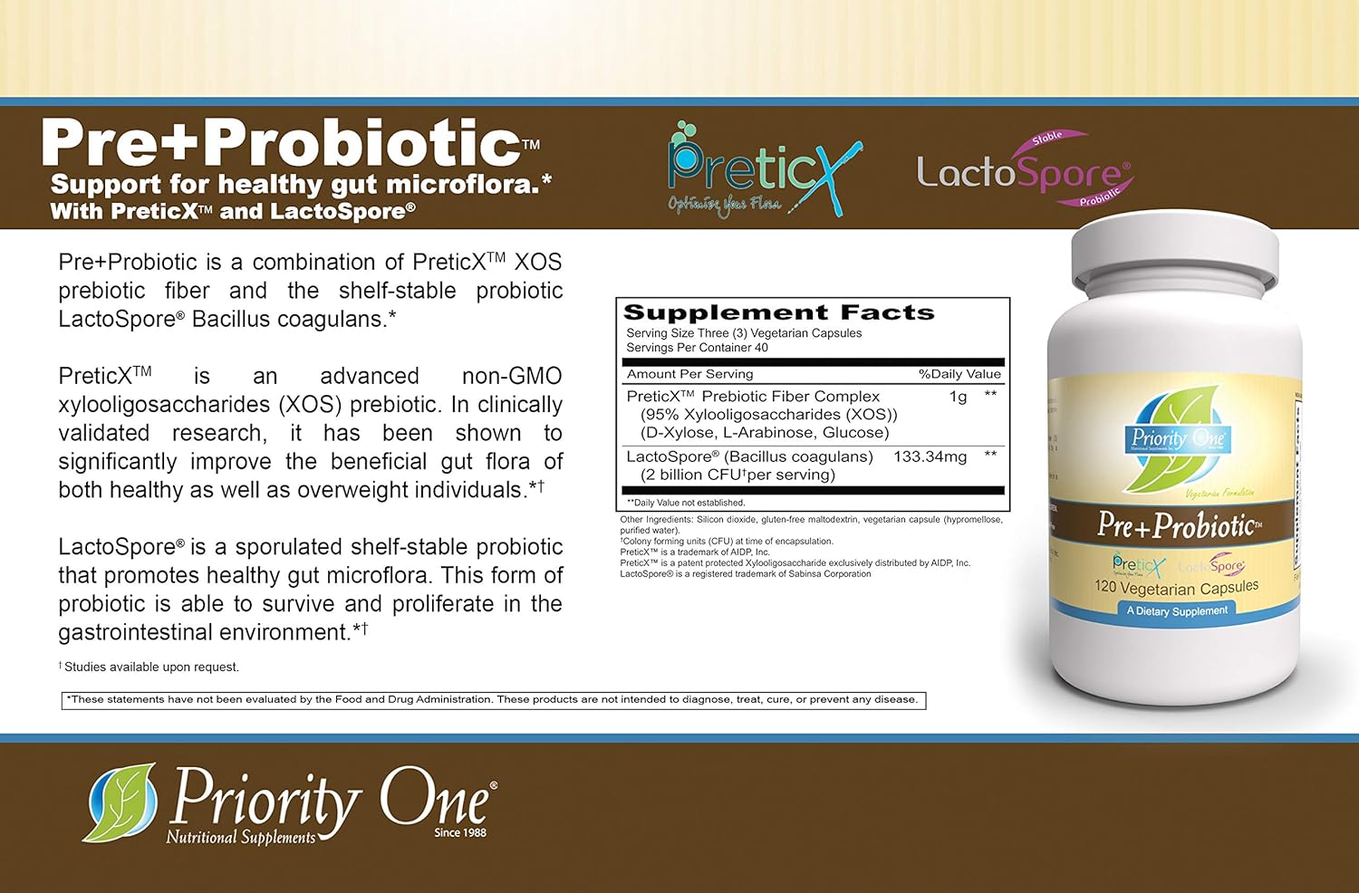 120 Vegetarian Capsules Priority One Pre+Probiotic - Clinical Strength for Healthy Gut Microflora Support
