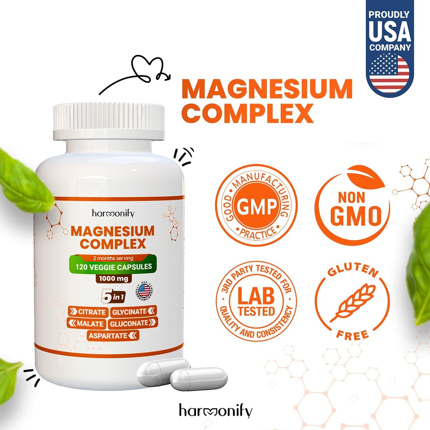 120 Veggie Capsules of 5-in-1 Magnesium Glycinate Citrate Malate Aspartate Gluconate, 1000mg, Gluten-Free, Non-GMO - 2 Month Supply