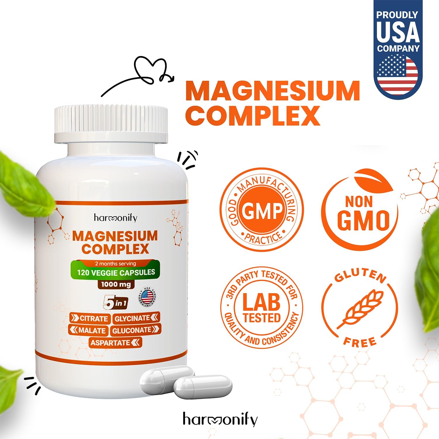 120 Veggie Capsules of 5-in-1 Magnesium Glycinate Citrate Malate Aspartate Gluconate, 1000mg, Gluten-Free, Non-GMO - 2 Month Supply