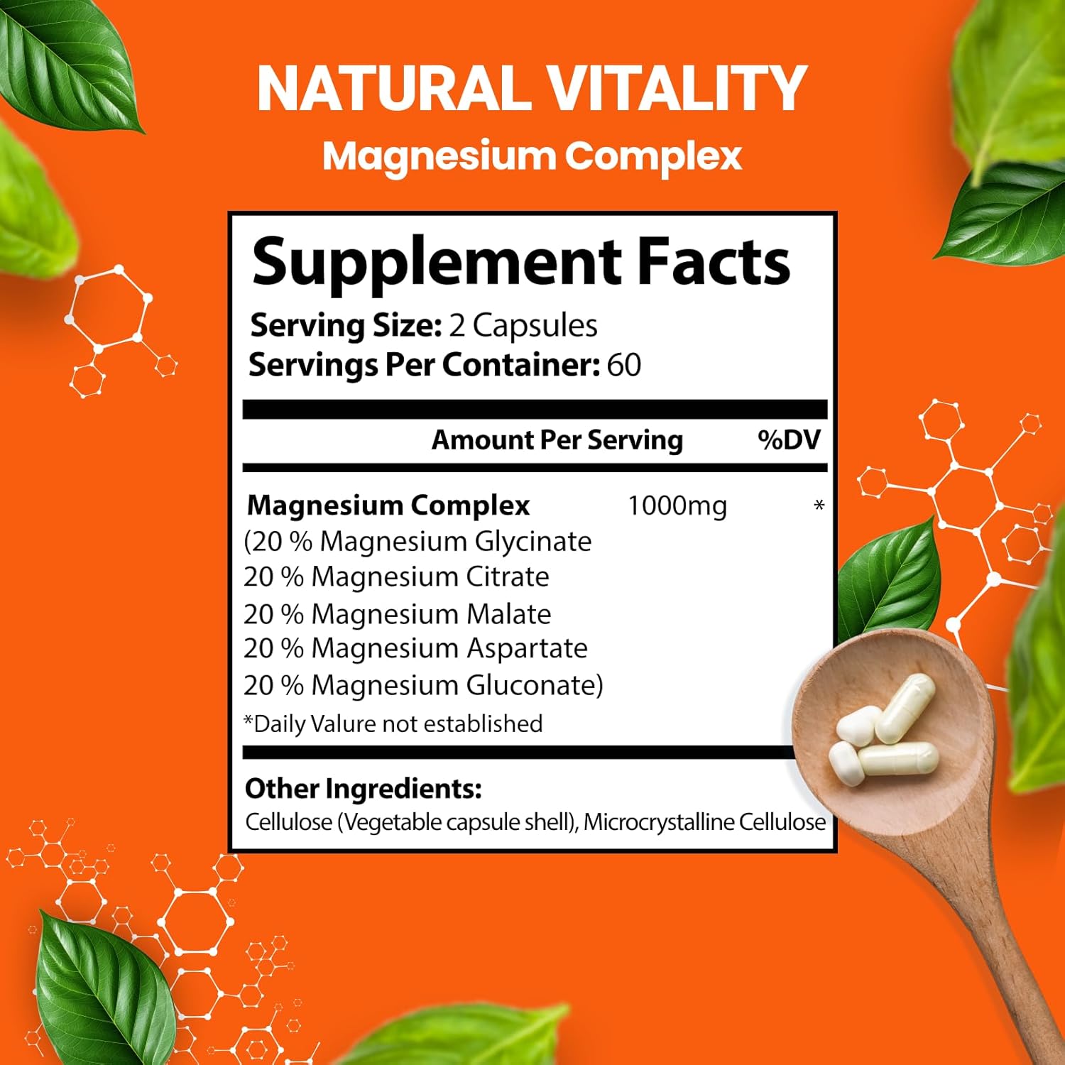 120 Veggie Capsules of 5-in-1 Magnesium Glycinate Citrate Malate Aspartate Gluconate, 1000mg, Gluten-Free, Non-GMO - 2 Month Supply