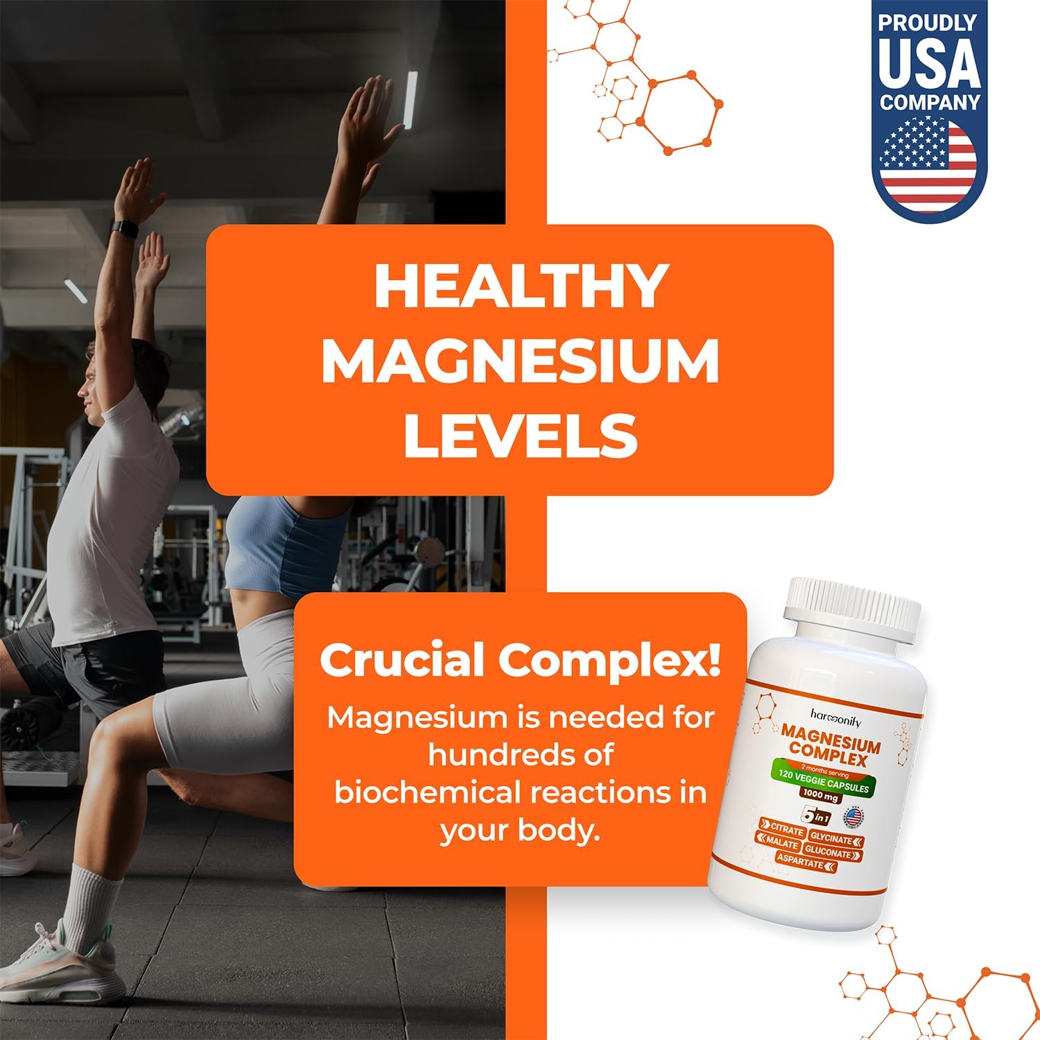 120 Veggie Capsules of 5-in-1 Magnesium Glycinate Citrate Malate Aspartate Gluconate, 1000mg, Gluten-Free, Non-GMO - 2 Month Supply