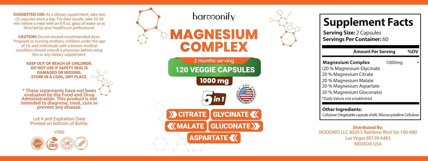 120 Veggie Capsules of 5-in-1 Magnesium Glycinate Citrate Malate Aspartate Gluconate, 1000mg, Gluten-Free, Non-GMO - 2 Month Supply