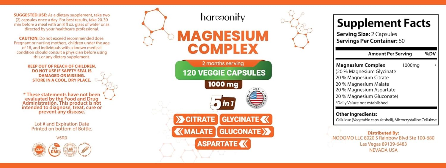 120 Veggie Capsules of 5-in-1 Magnesium Glycinate Citrate Malate Aspartate Gluconate, 1000mg, Gluten-Free, Non-GMO - 2 Month Supply