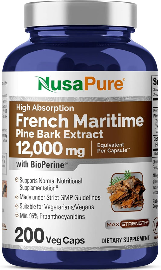 12,000mg French Maritime Pine Bark Extract Capsules - 200 Day Supply with Bioperine, Non-GMO & Vegan