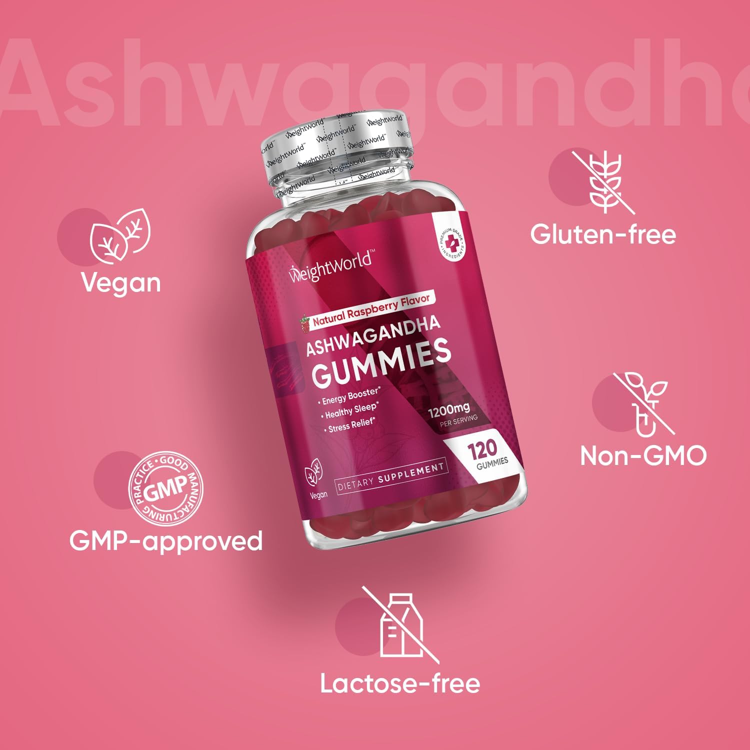 1200mg Ashwagandha Gummies for Women & Men - Raspberry Flavored - Boost Energy, Improve Sleep, Reduce Stress - 2 Month Supply - Gluten-Free Vegan Formula
