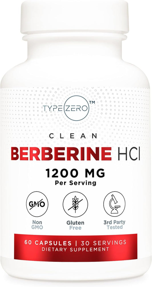 1200mg Berberine HCL Capsules - Type Zero Clean, Non-GMO, Gluten Free Supplement