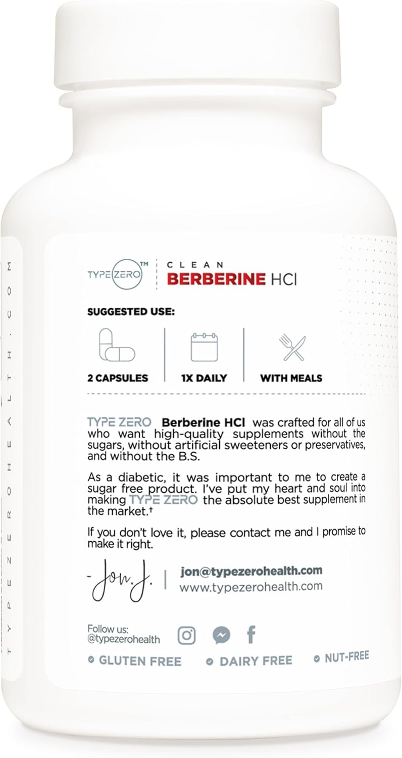 1200mg Berberine HCL Capsules - Type Zero Clean, Non-GMO, Gluten Free Supplement