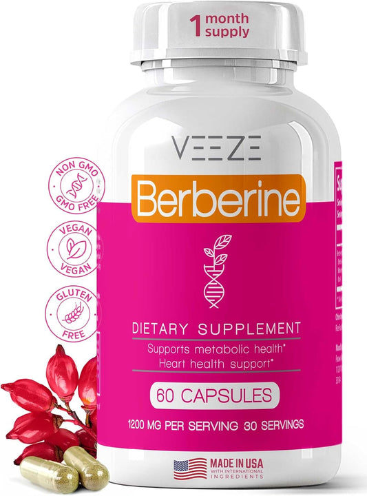 1200mg Berberine Supplement - 60 Capsules, 30 Servings - USA Made Non-GMO - Immunity & Heart Health Support