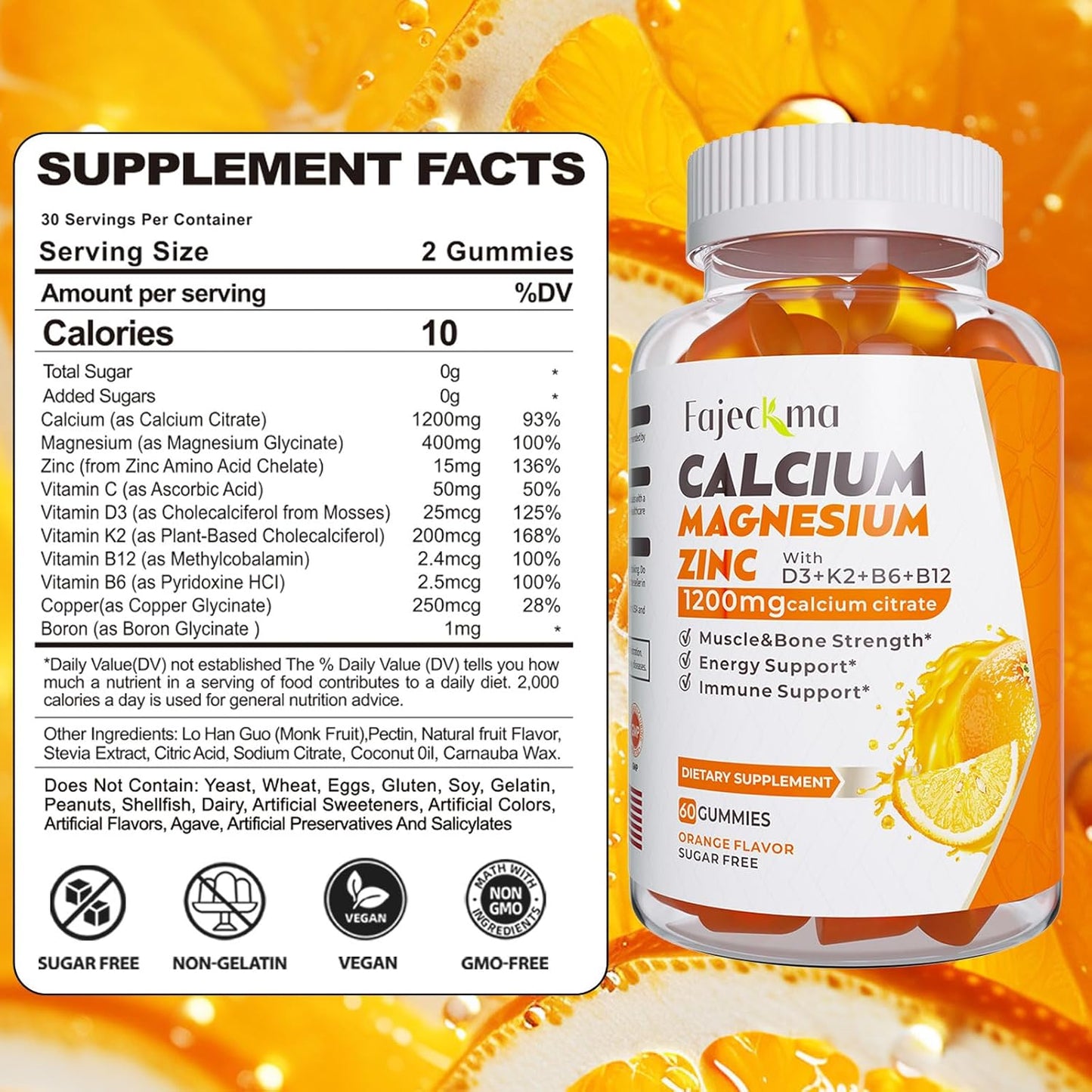 1200mg Calcium Citrate Gummies with Vitamin D3 & K3 - Organic Sugar-Free Supplement for Adults & Kids - High Absorption Formula (60 Count)