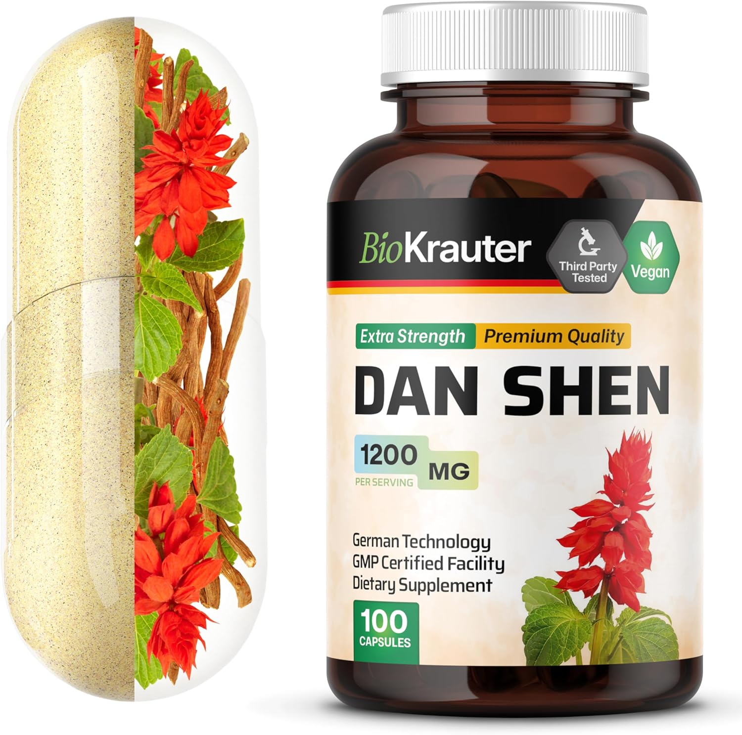 1200mg Dan Shen Root Capsules - 100 Red Sage Capsules - Antioxidant Salvia Miltiorrhiza Root - Vegan - BIO KRAUTER