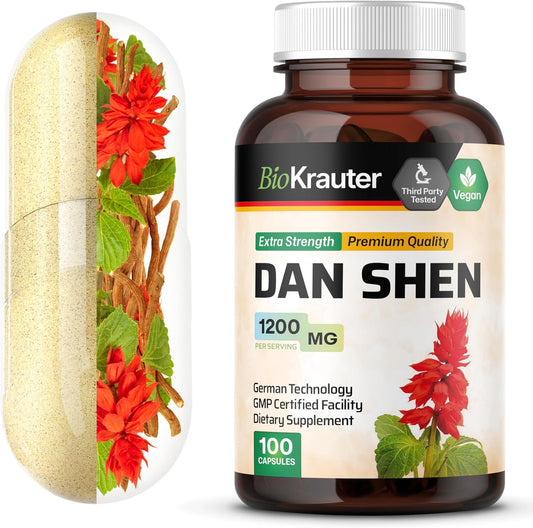 1200mg Dan Shen Root Capsules - 100 Red Sage Capsules - Antioxidant Salvia Miltiorrhiza Root - Vegan - BIO KRAUTER