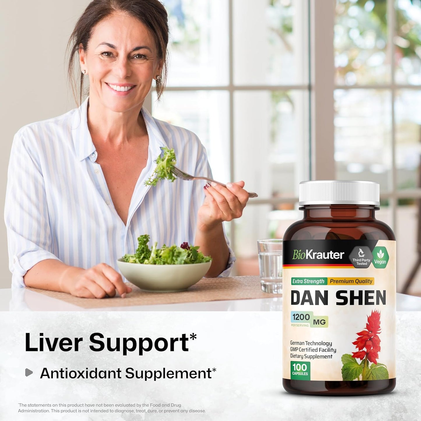 1200mg Dan Shen Root Capsules - 100 Red Sage Capsules - Antioxidant Salvia Miltiorrhiza Root - Vegan - BIO KRAUTER