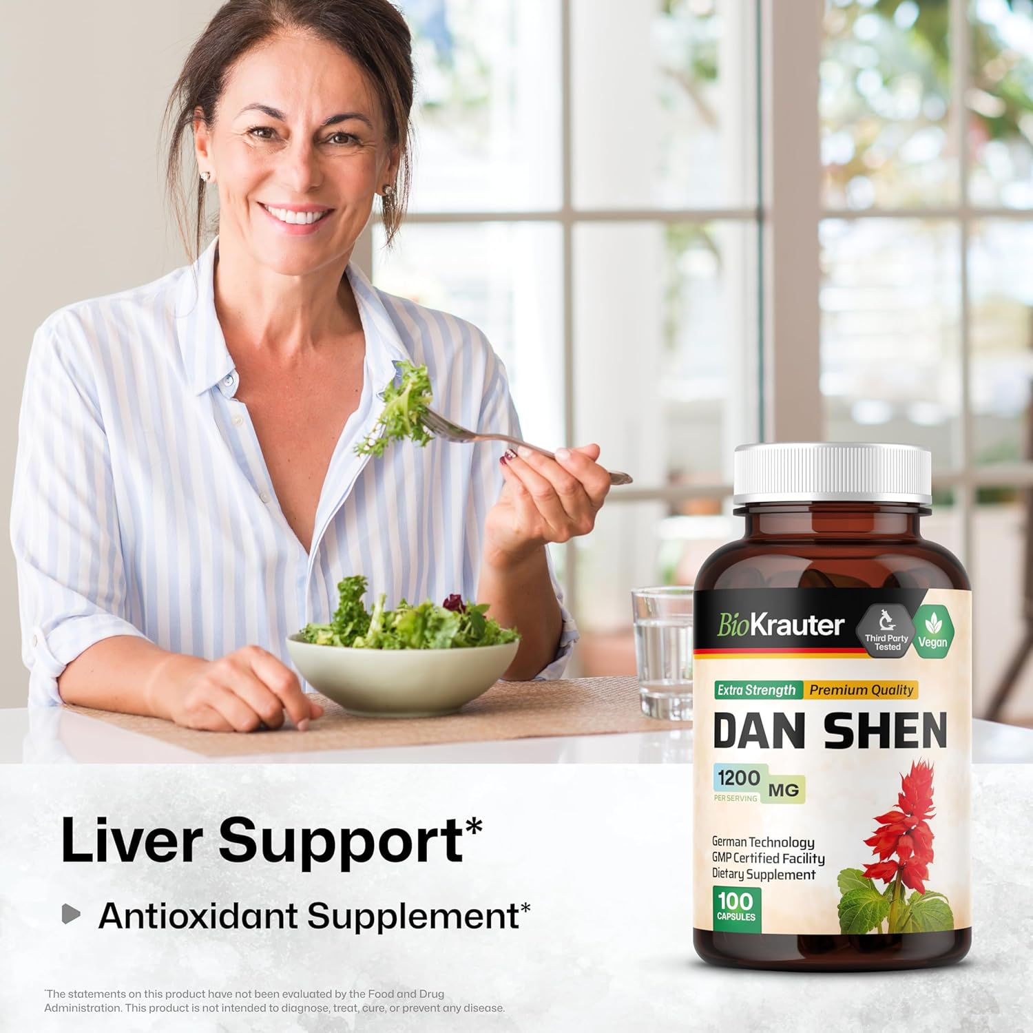 1200mg Dan Shen Root Capsules - 100 Red Sage Capsules - Antioxidant Salvia Miltiorrhiza Root - Vegan - BIO KRAUTER