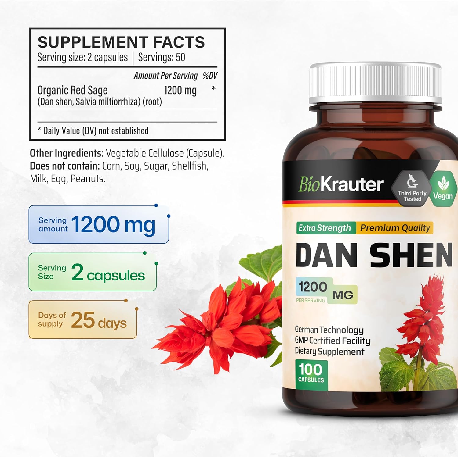 1200mg Dan Shen Root Capsules - 100 Red Sage Capsules - Antioxidant Salvia Miltiorrhiza Root - Vegan - BIO KRAUTER