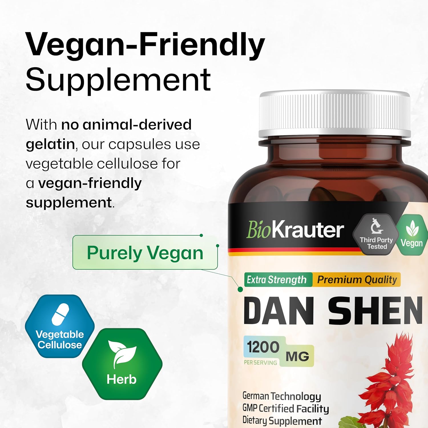 1200mg Dan Shen Root Capsules - 100 Red Sage Capsules - Antioxidant Salvia Miltiorrhiza Root - Vegan - BIO KRAUTER