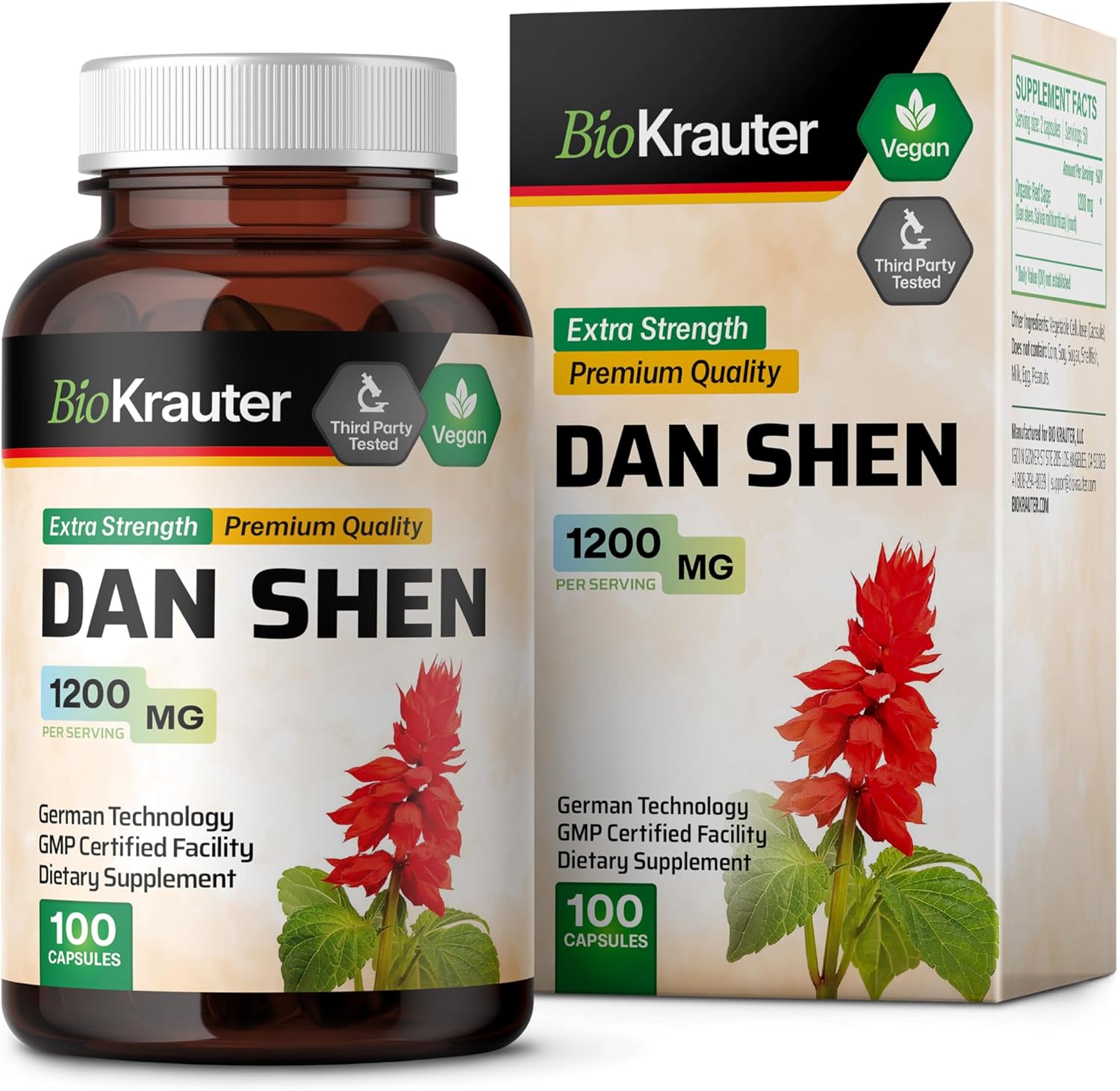 1200mg Dan Shen Root Capsules - 100 Red Sage Capsules - Antioxidant Salvia Miltiorrhiza Root - Vegan - BIO KRAUTER