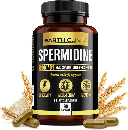 1200mg Earth Elixir Spermidine Supplements - Anti Aging Capsules - 3rd Party Tested - High Purity Espermidina - Wheat Germ Extract - NMN Alternative