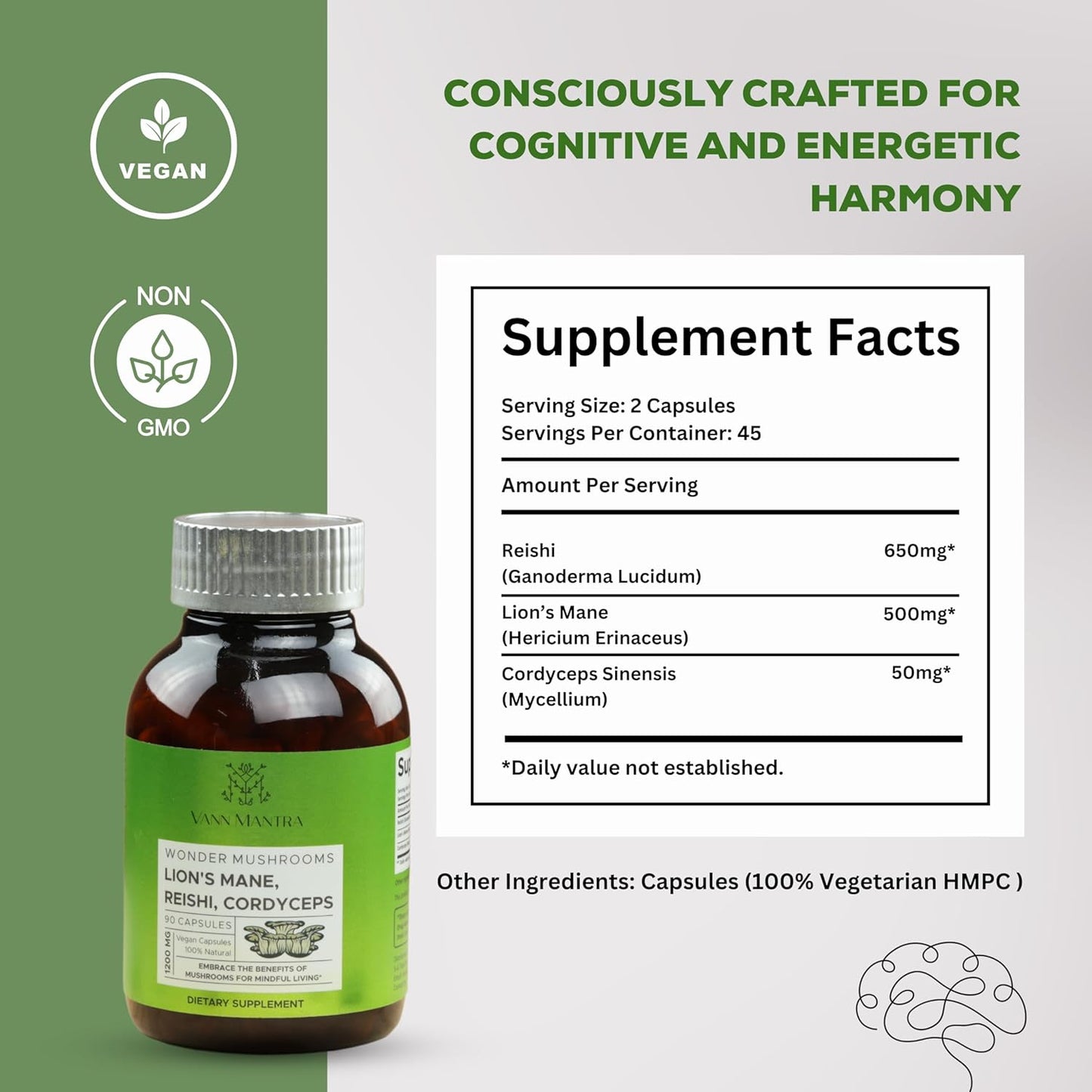 1200mg Lion's Mane Mushroom Supplement - 90 Vegan Capsules - Enhances Memory, Focus, and Cognitive Function - Natural Brain Health Formula for Mental Clarity