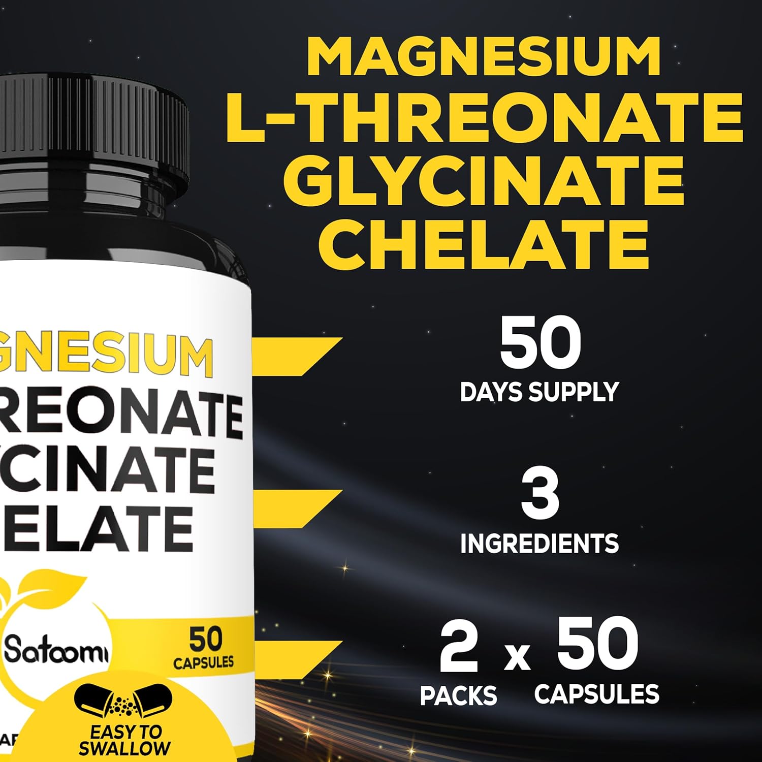 1200mg Magnesium L-Threonate Supplement with Glycinate & Chelate - 2 Packs of 50 Capsules