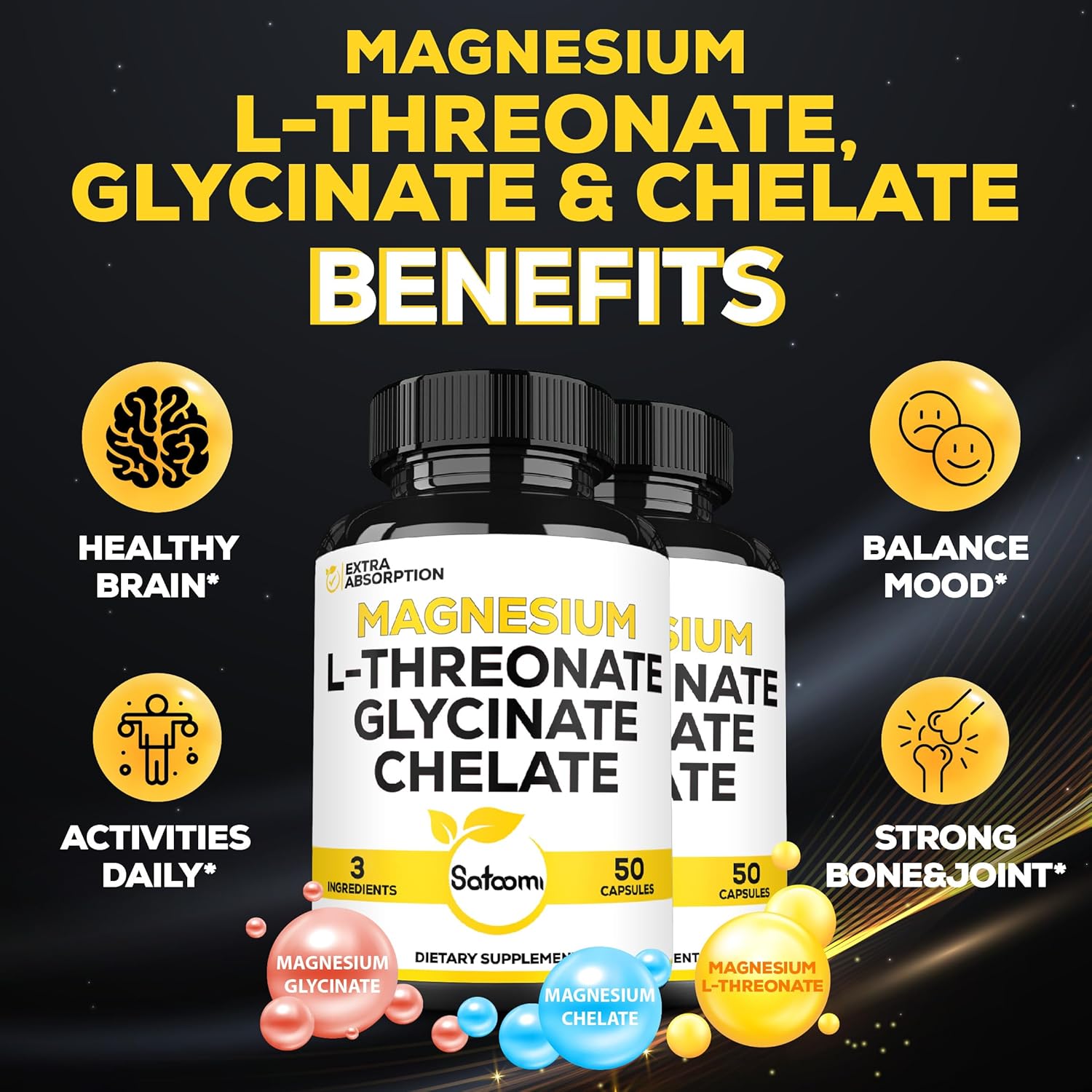 1200mg Magnesium L-Threonate Supplement with Glycinate & Chelate - 2 Packs of 50 Capsules