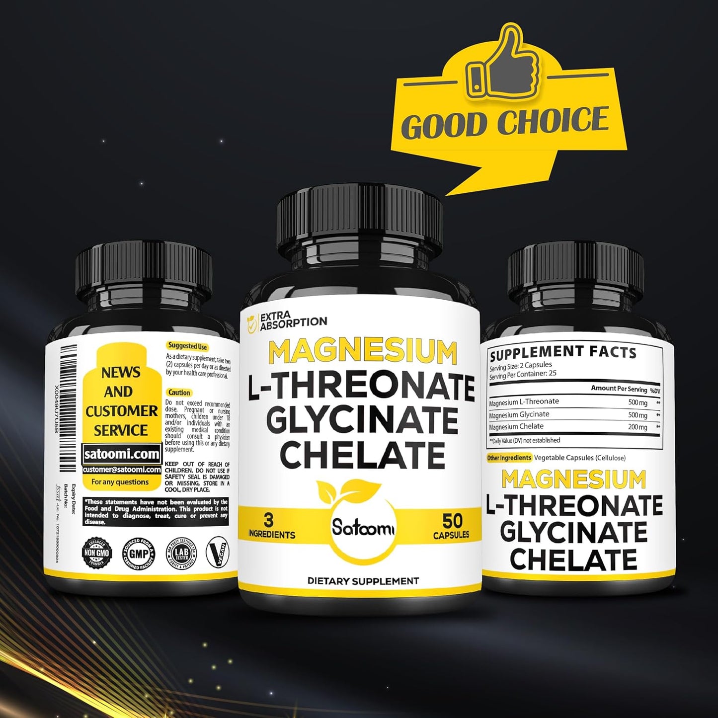 1200mg Magnesium L-Threonate Supplement with Glycinate & Chelate - 2 Packs of 50 Capsules
