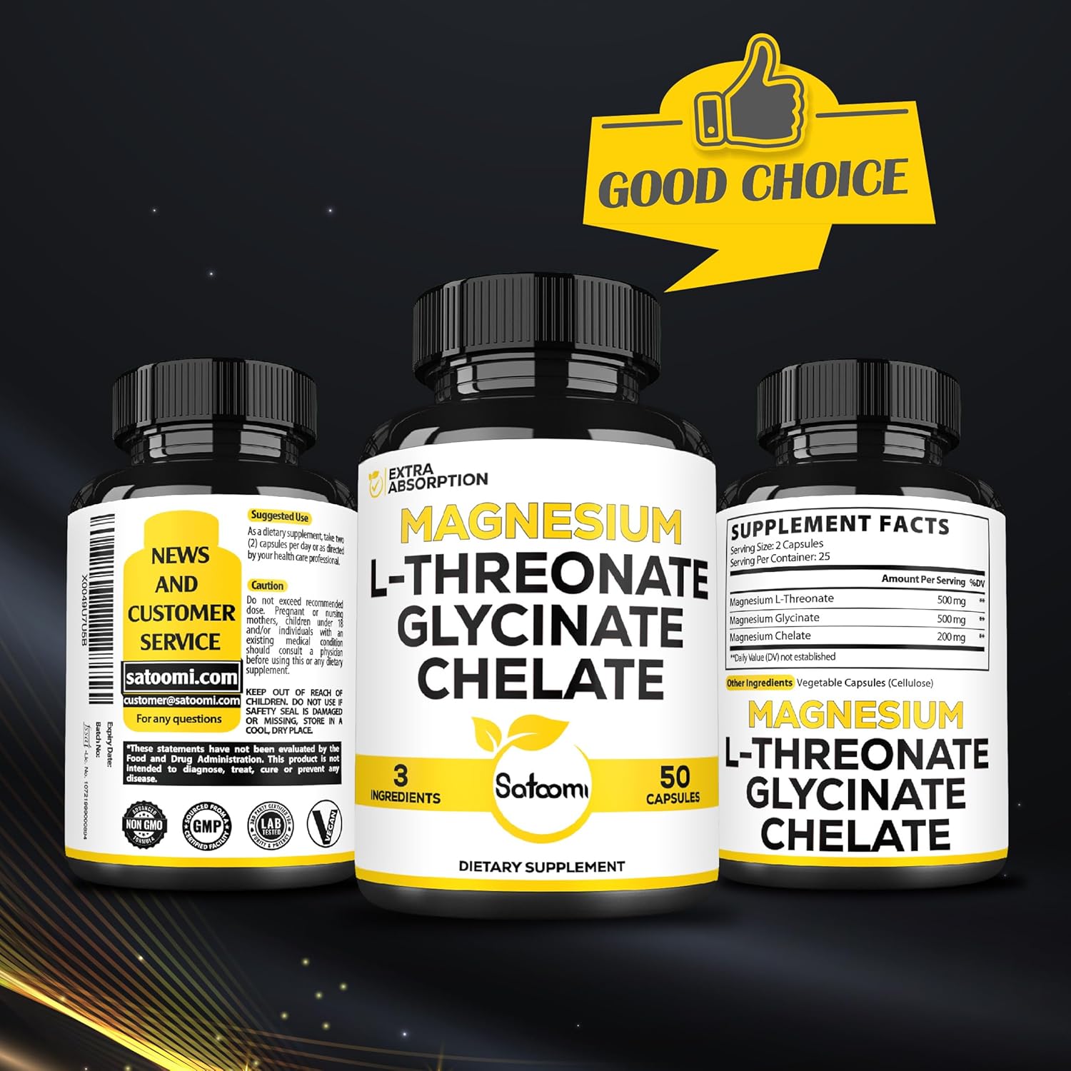 1200mg Magnesium L-Threonate Supplement with Glycinate & Chelate - 2 Packs of 50 Capsules