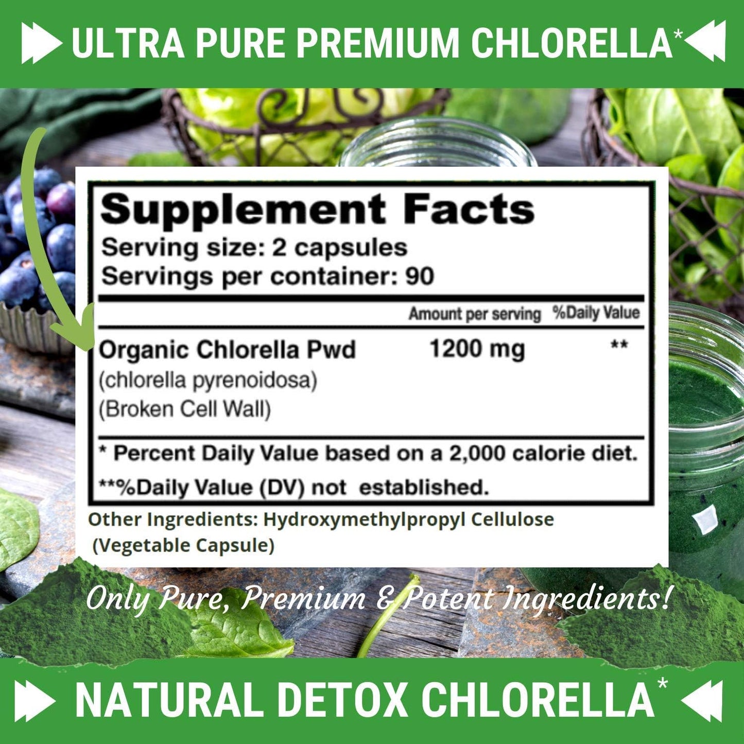 1200mg Premium Chlorella Supplement Capsules - Vegan Superfood Detox with B Vitamins & Minerals, 180 Pills