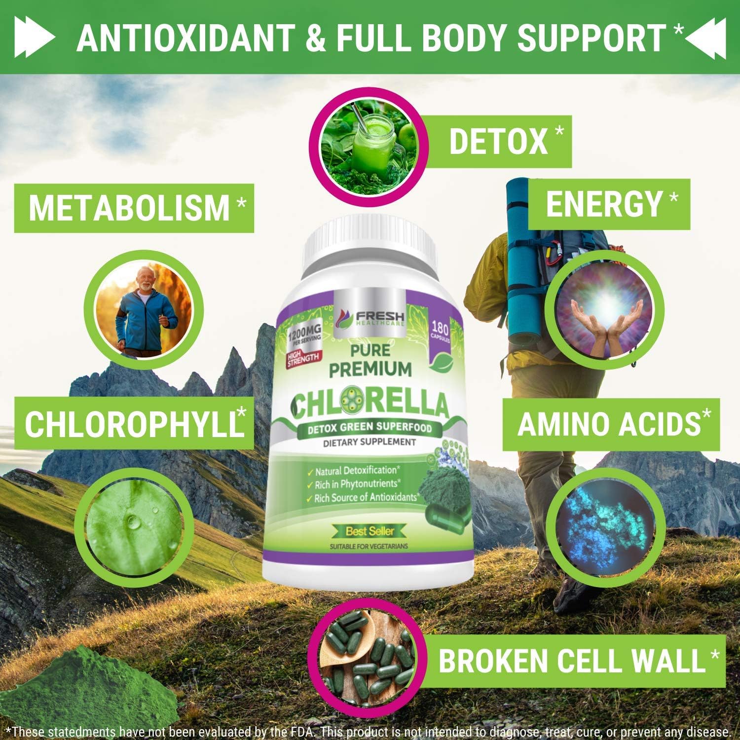 1200mg Premium Chlorella Supplement Capsules - Vegan Superfood Detox with B Vitamins & Minerals, 180 Pills