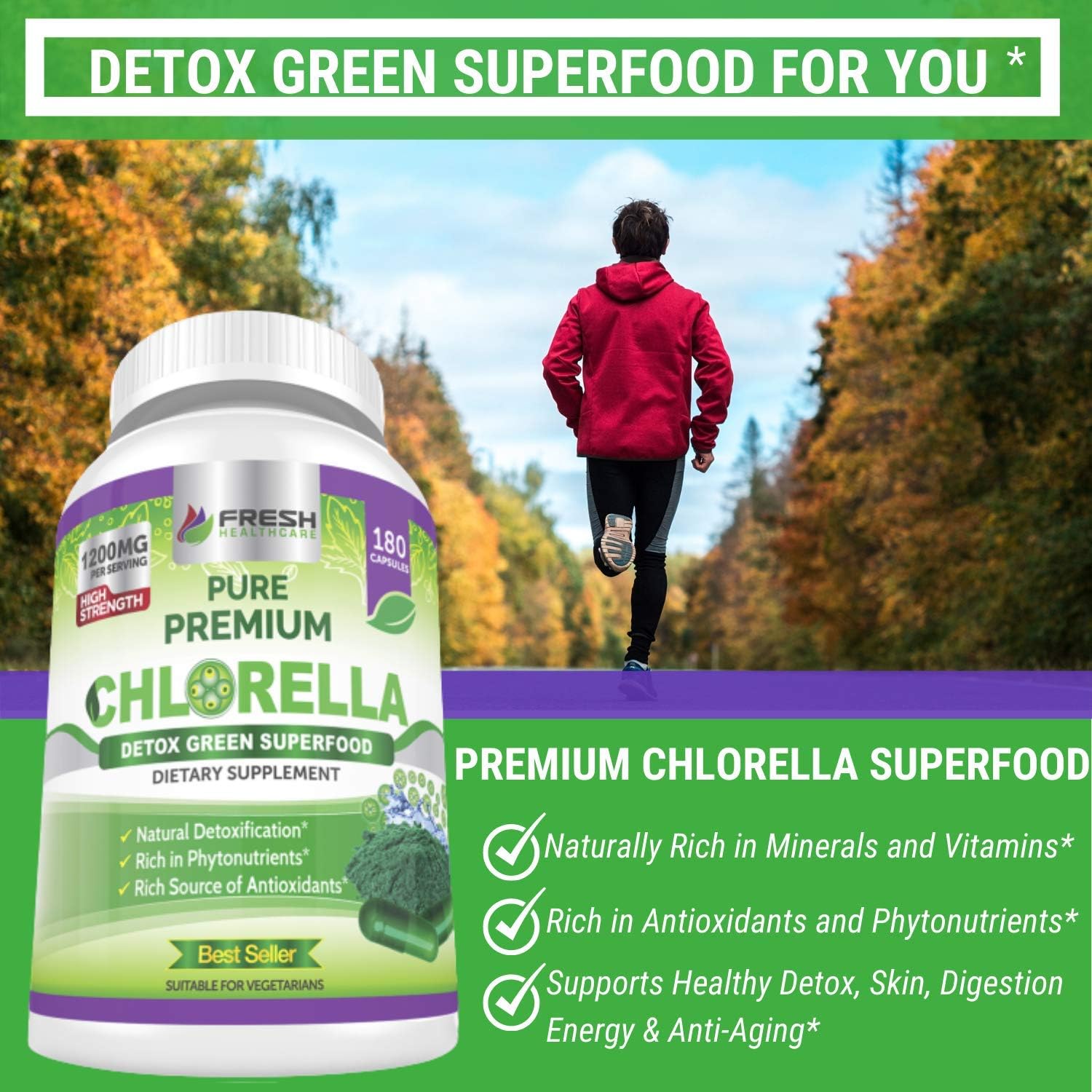 1200mg Premium Chlorella Supplement Capsules - Vegan Superfood Detox with B Vitamins & Minerals, 180 Pills