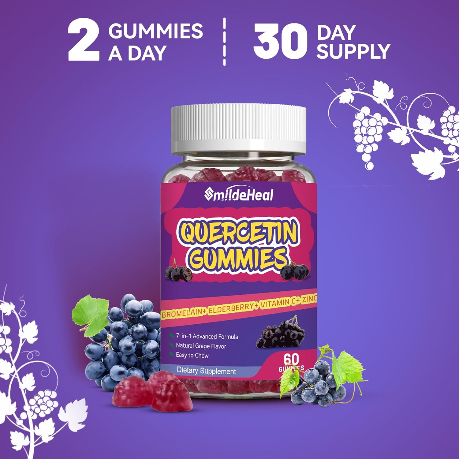 1200MG Quercetin Gummies with Bromelain, Zinc, and Vitamin C - 60 Vegan Gummies for Adults and Kids by SmildeHeal