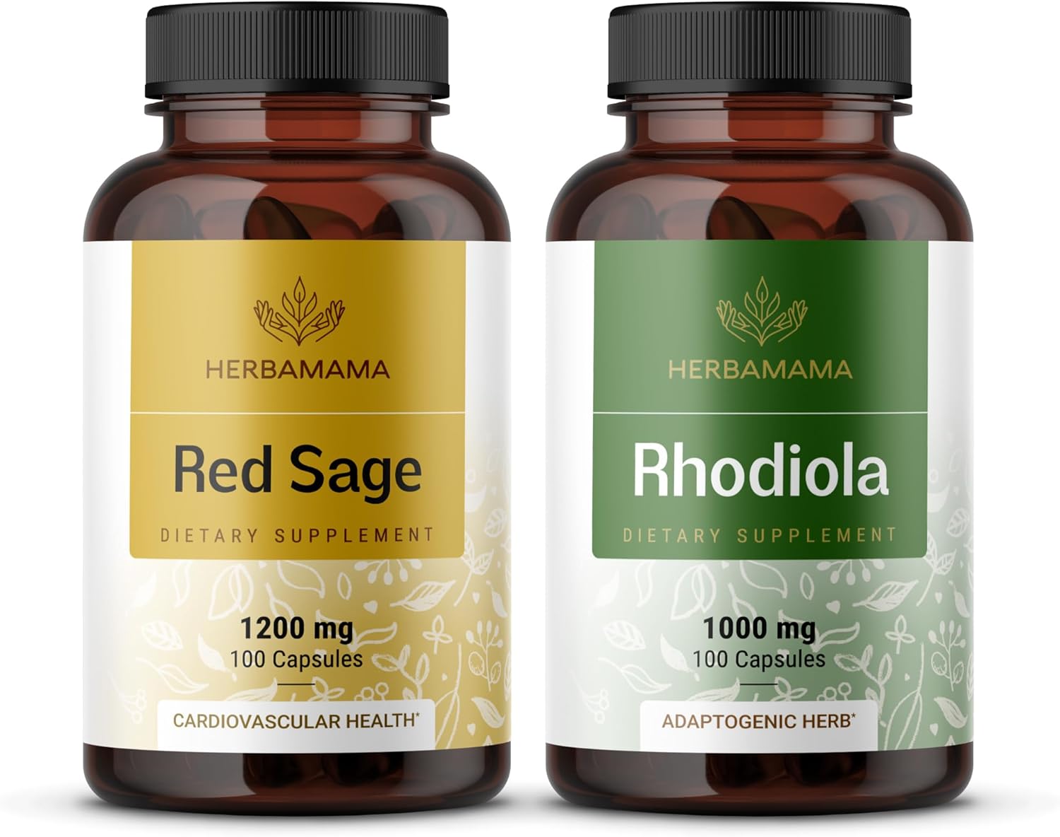 1200mg Red Sage & 1000mg Rhodiola Rosea Capsules Bundle - HERBAMAMA Vegan Kit - Non-GMO & Sugar-Free - 2 Pack