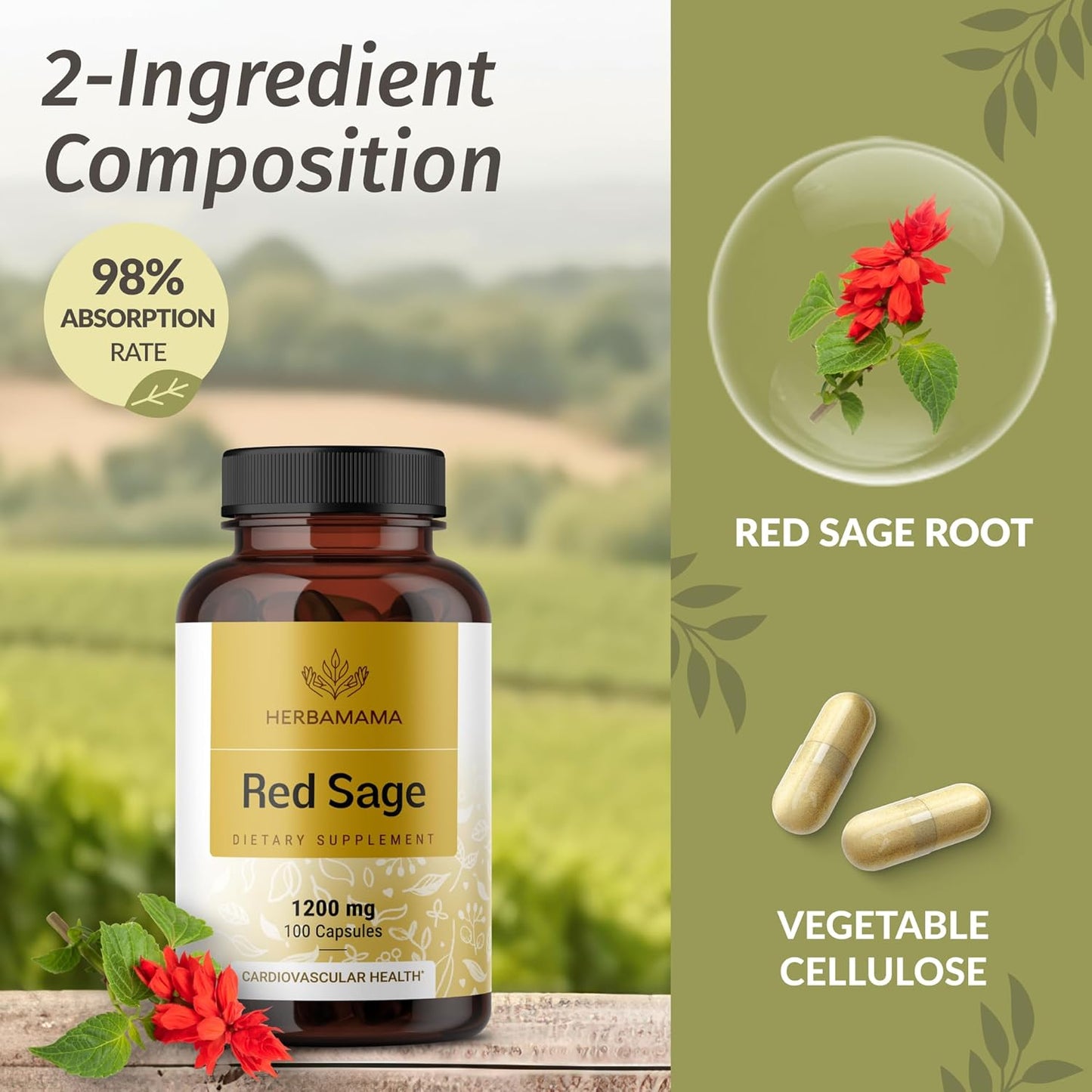 1200mg Red Sage & 1000mg Rhodiola Rosea Capsules Bundle - HERBAMAMA Vegan Kit - Non-GMO & Sugar-Free - 2 Pack