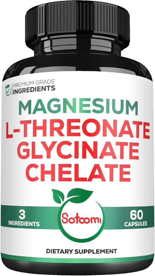 1200mg Satoomi Magnesium L-Threonate Supplement with Glycinate & Chelate - 60 Vegan Capsules