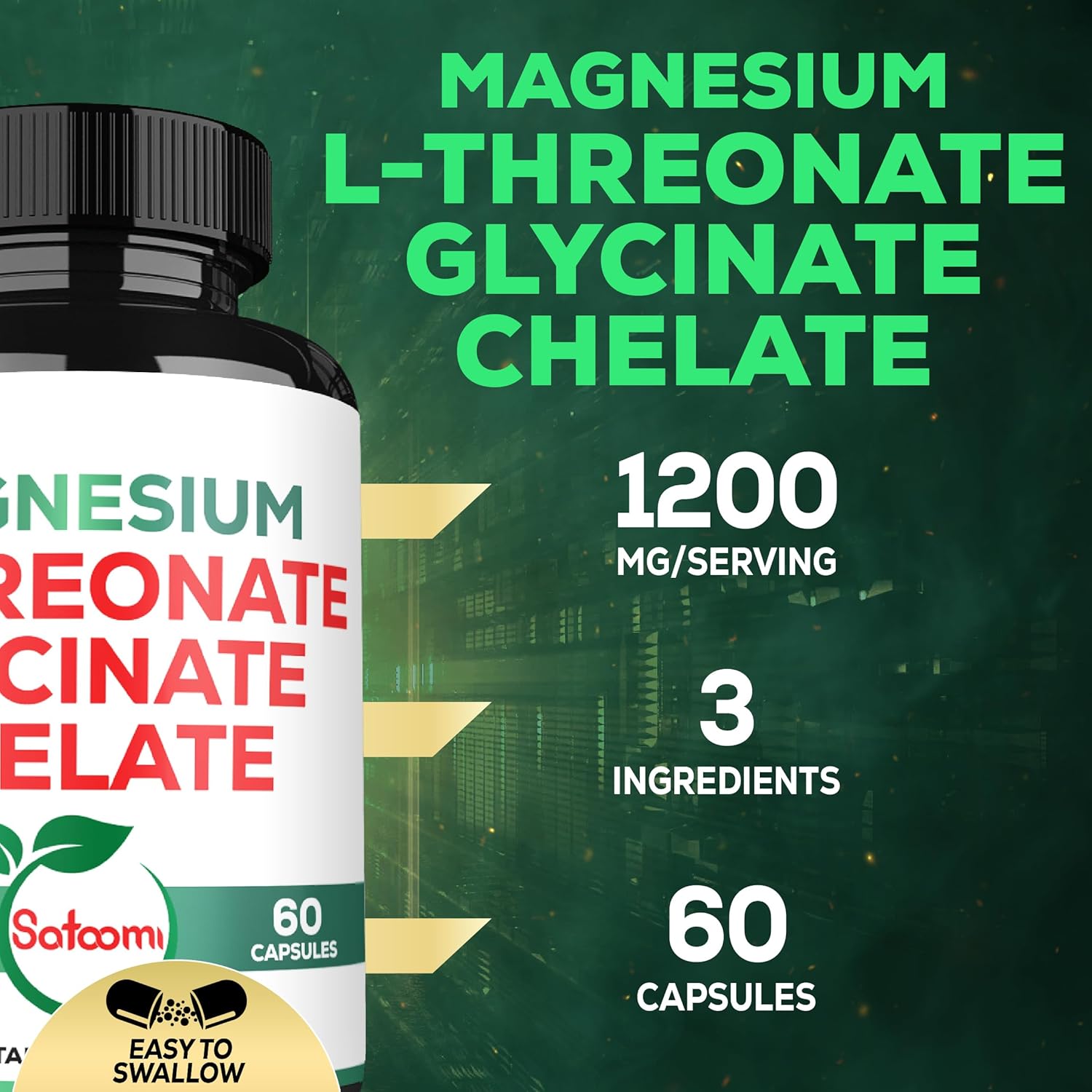 1200mg Satoomi Magnesium L-Threonate Supplement with Glycinate & Chelate - 60 Vegan Capsules
