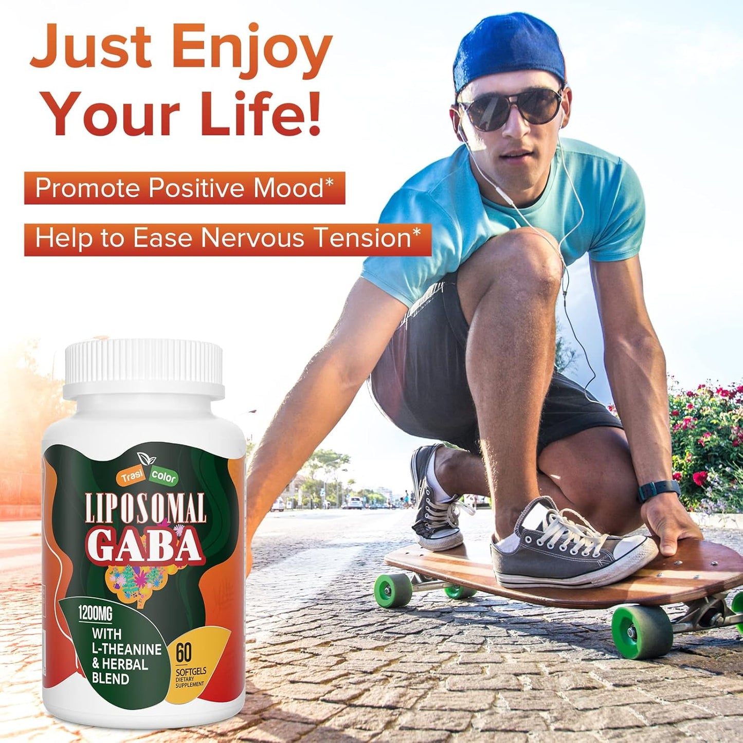 1200mg Trasicolor Liposomal GABA & L-Theanine Softgels with Ashwagandha, Chamomile, and Tart Cherry - High Absorption GABA Complex for Men and Women