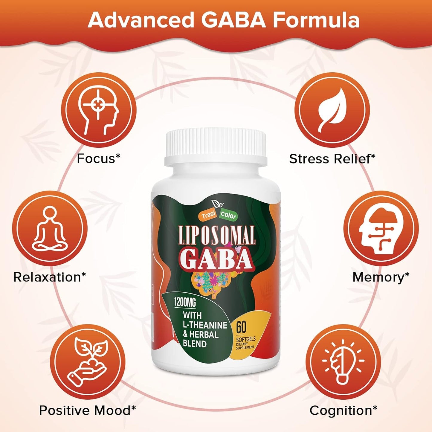 1200mg Trasicolor Liposomal GABA & L-Theanine Softgels with Ashwagandha, Chamomile, and Tart Cherry - High Absorption GABA Complex for Men and Women