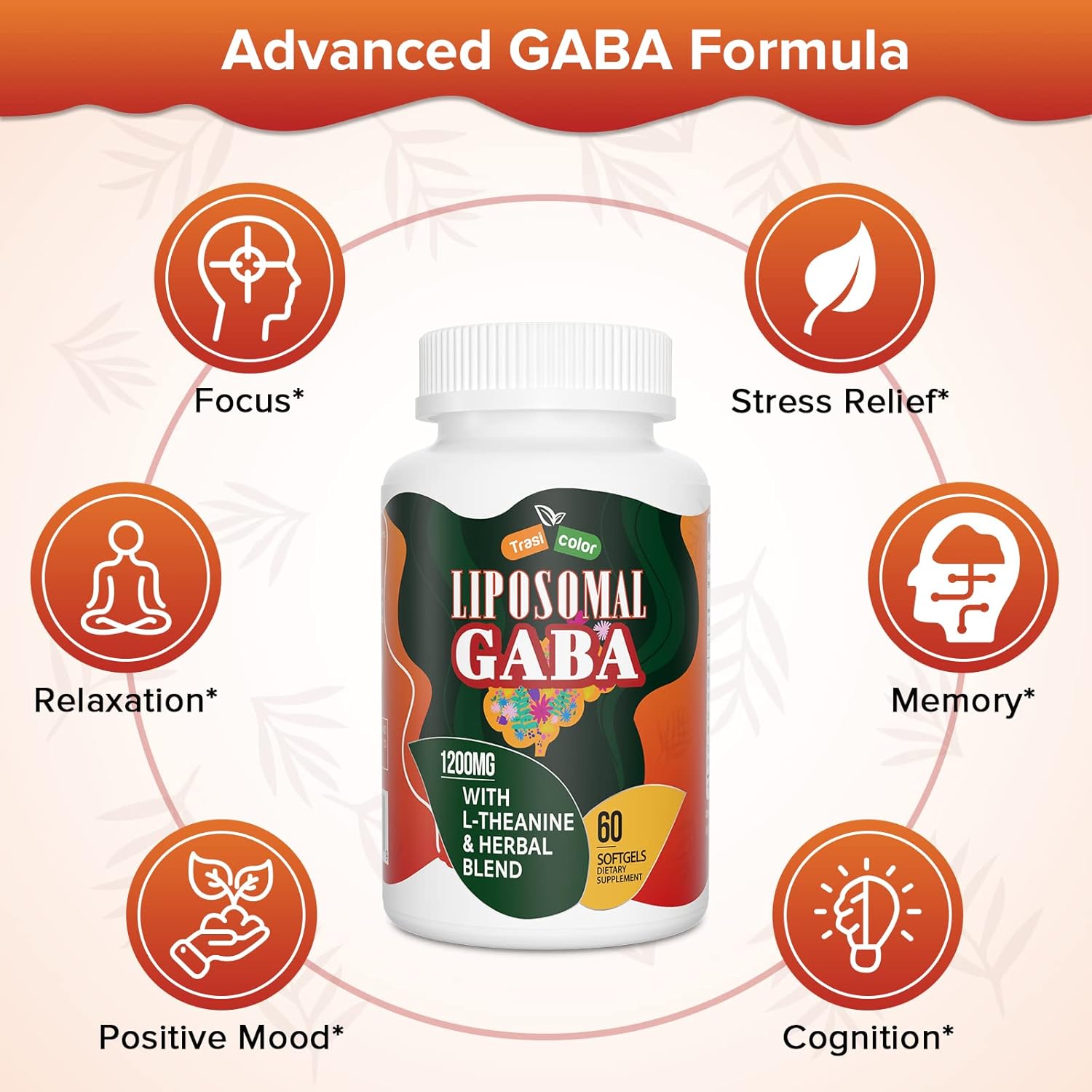 1200mg Trasicolor Liposomal GABA & L-Theanine Softgels with Ashwagandha, Chamomile, and Tart Cherry - High Absorption GABA Complex for Men and Women